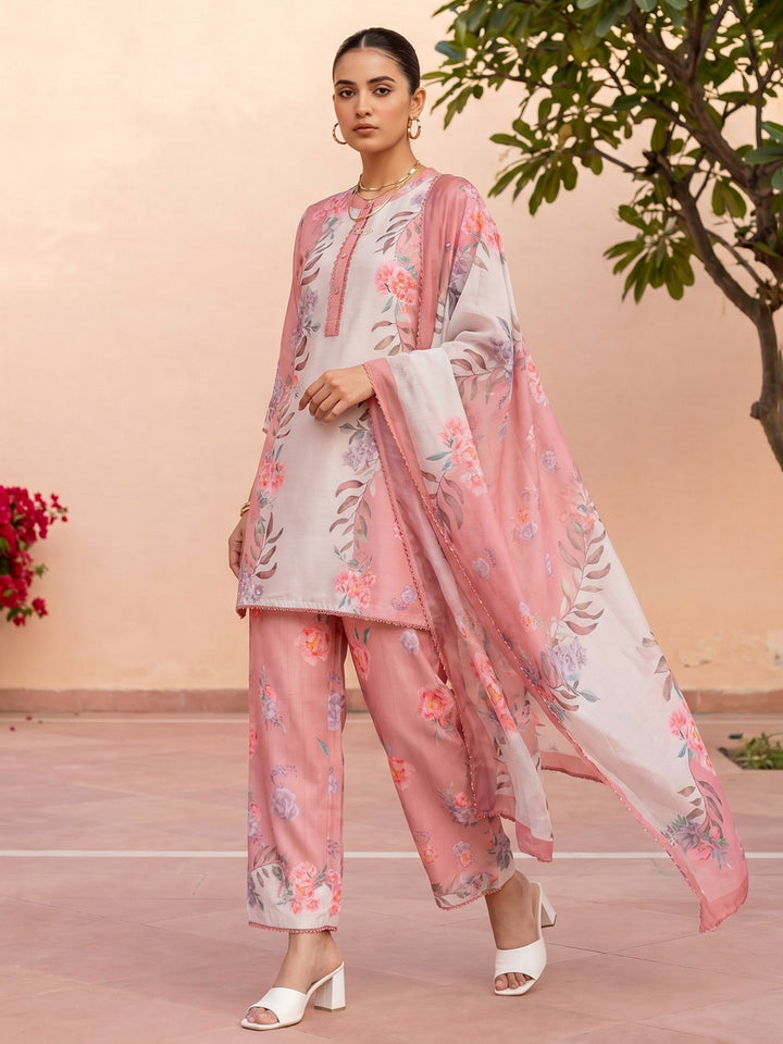 Peach Muslin Floral Print Collar Neck Suit Set