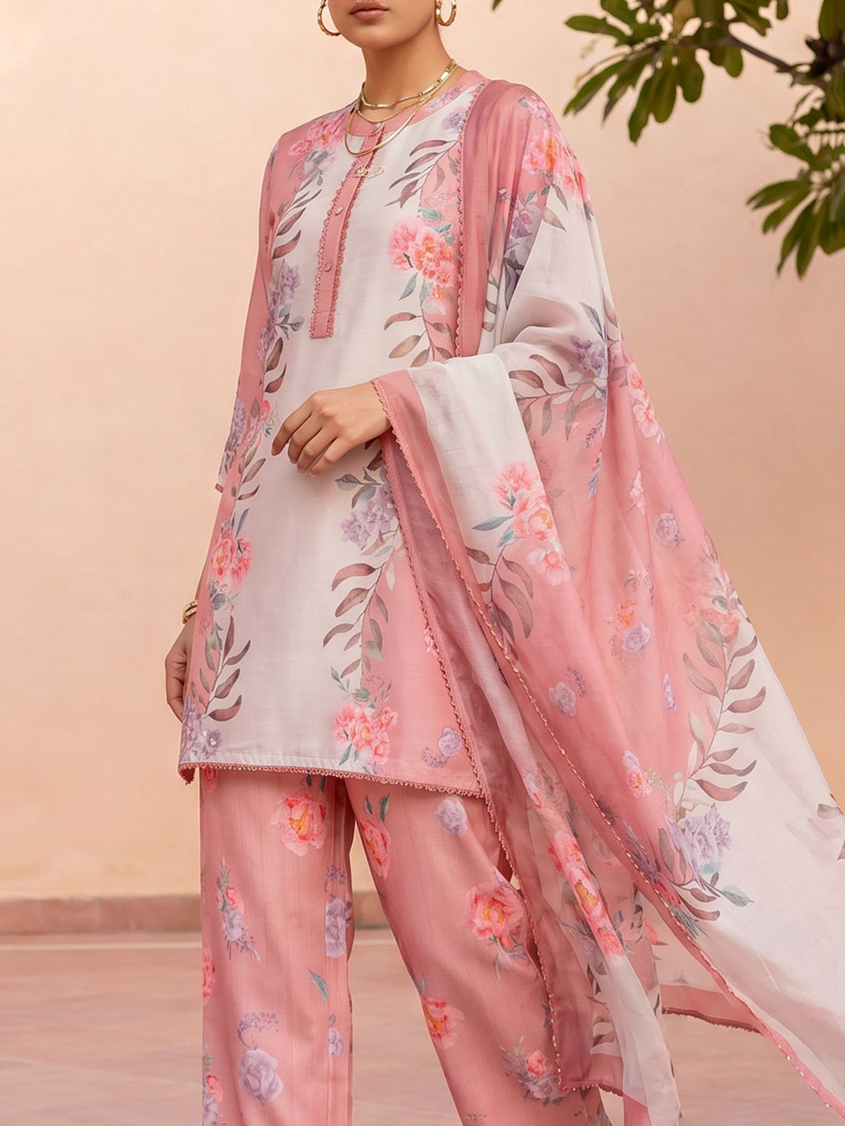 Peach Muslin Floral Print Collar Neck Suit Set