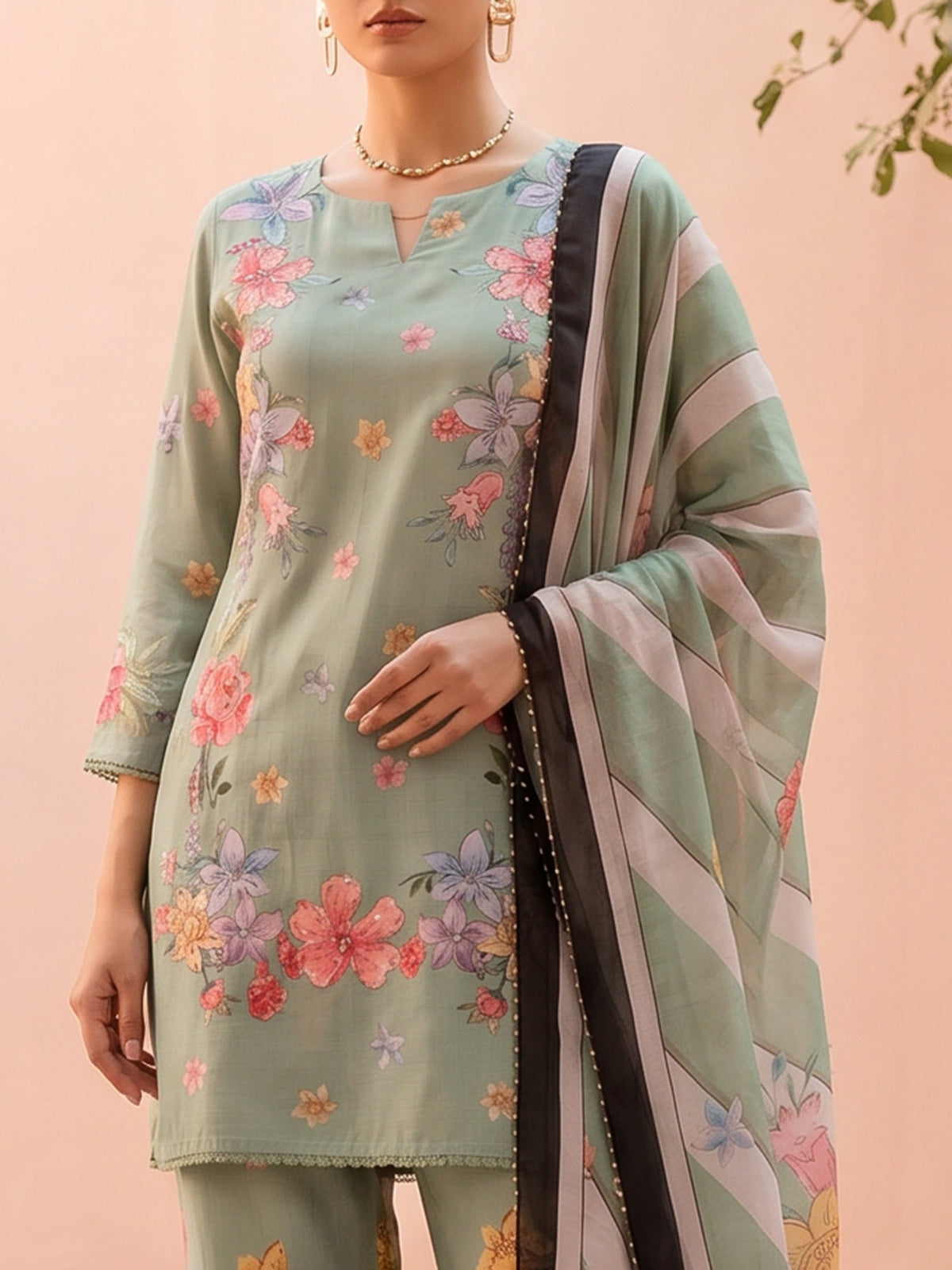 Green Muslin Floral Print Round Neck Suit Set