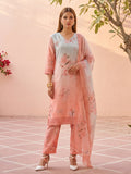 Pink Linen Floral Print V Neck Suit Set