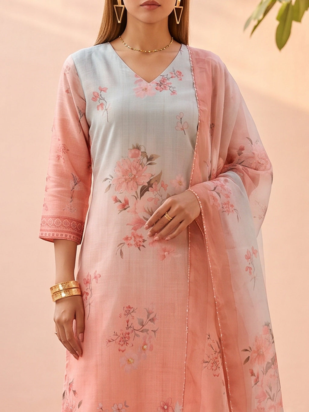 Pink Linen Floral Print V Neck Suit Set