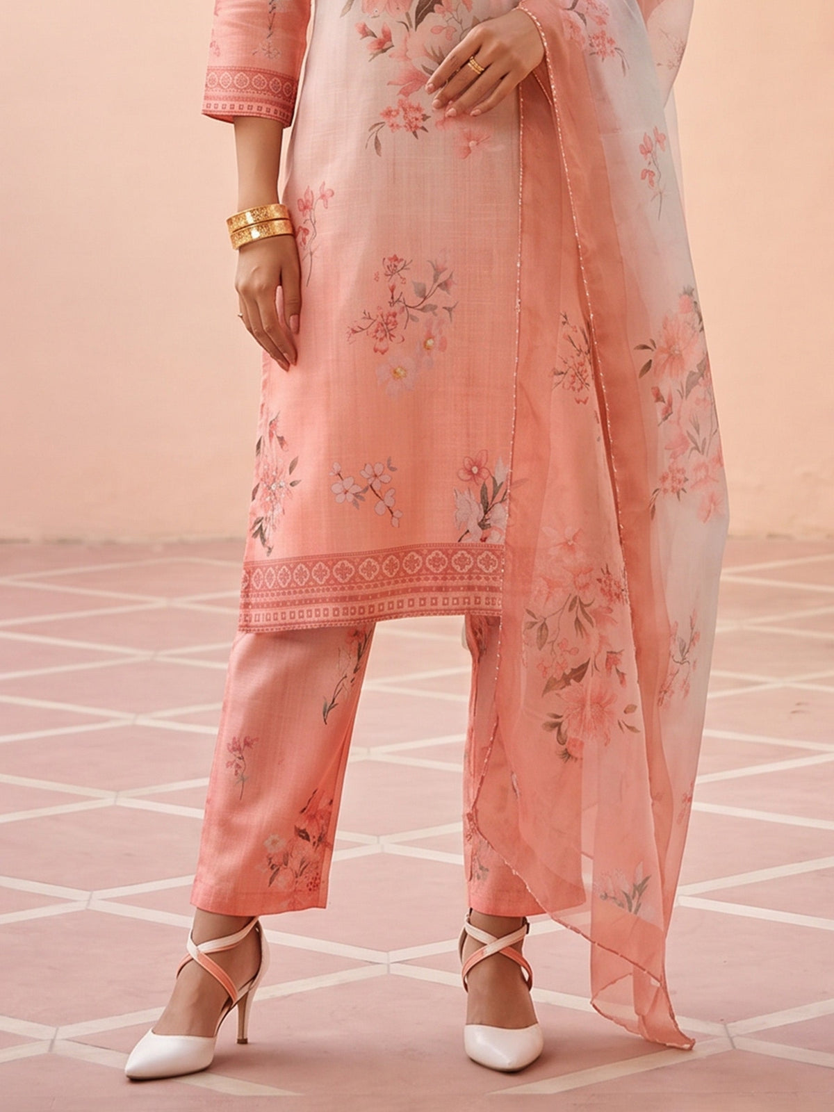 Pink Linen Floral Print V Neck Suit Set