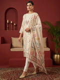 Off White Muslin Floral Print Round Neck Suit Set