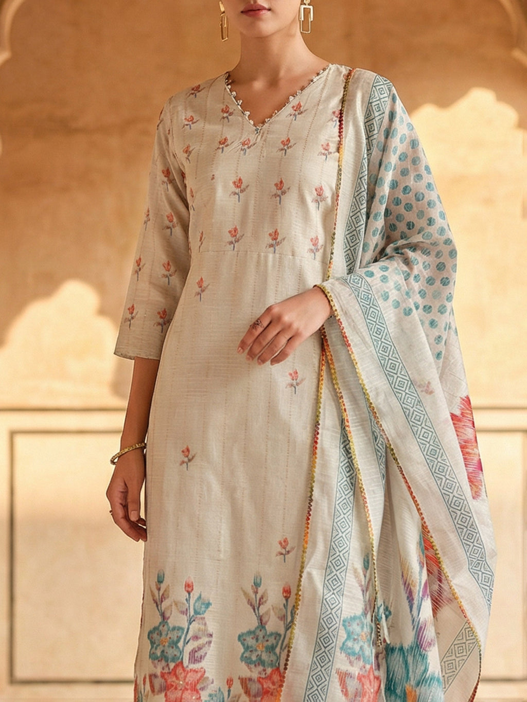 Grey Polyester Floral Print V Neck Suit Set