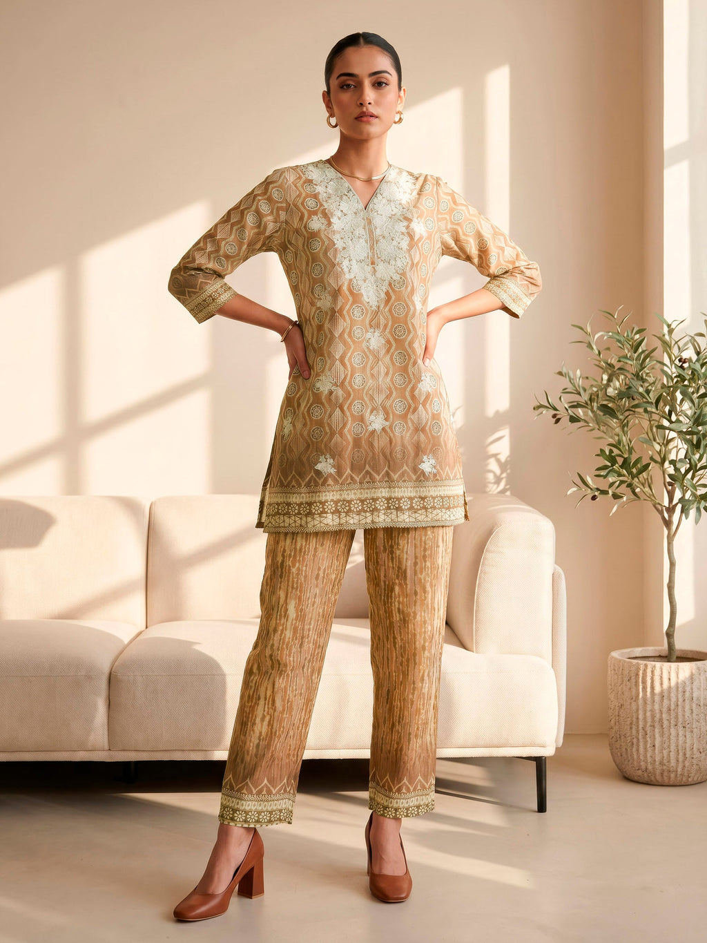 Linen V Neck Printed Kurta Set
