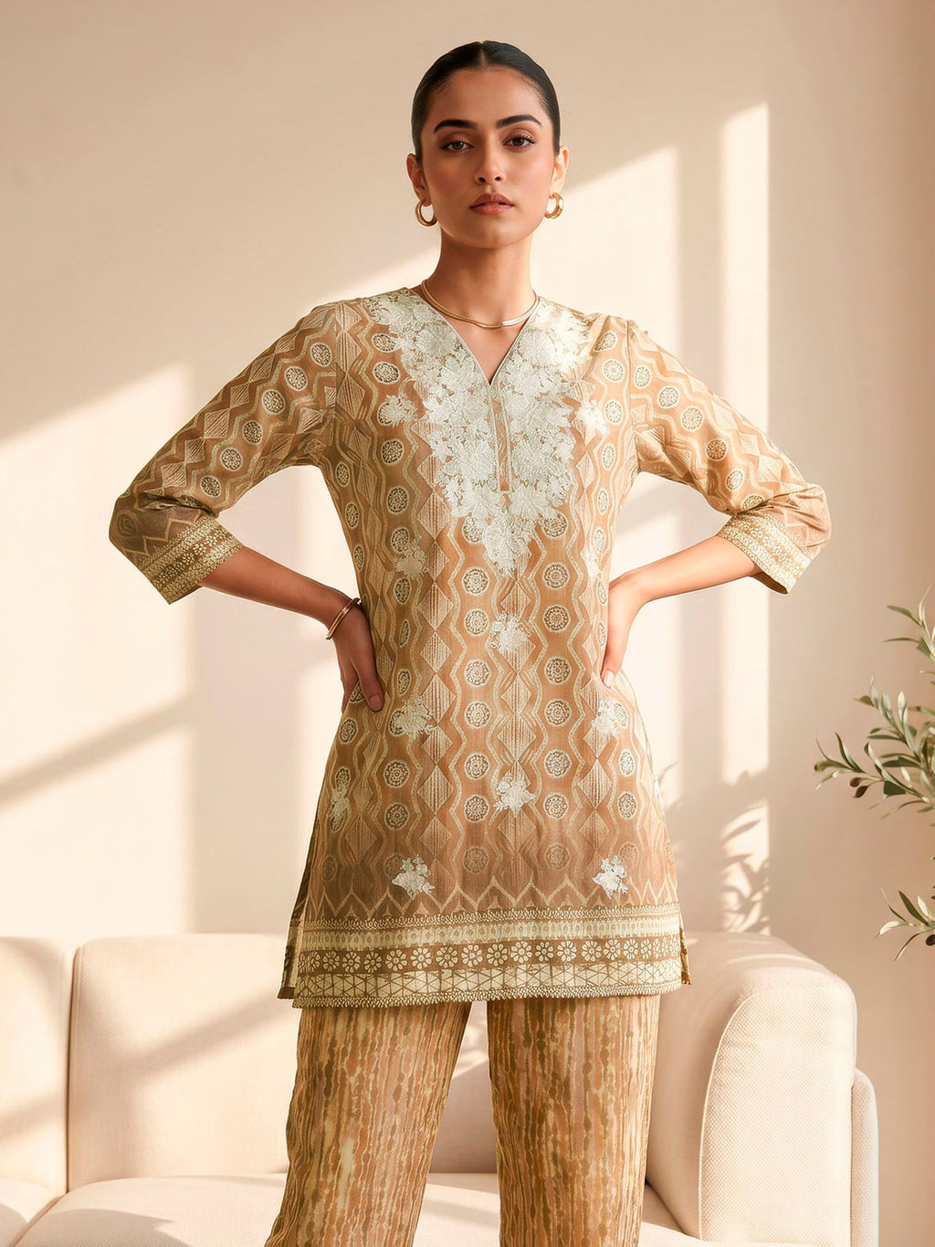 Linen V Neck Printed Kurta Set