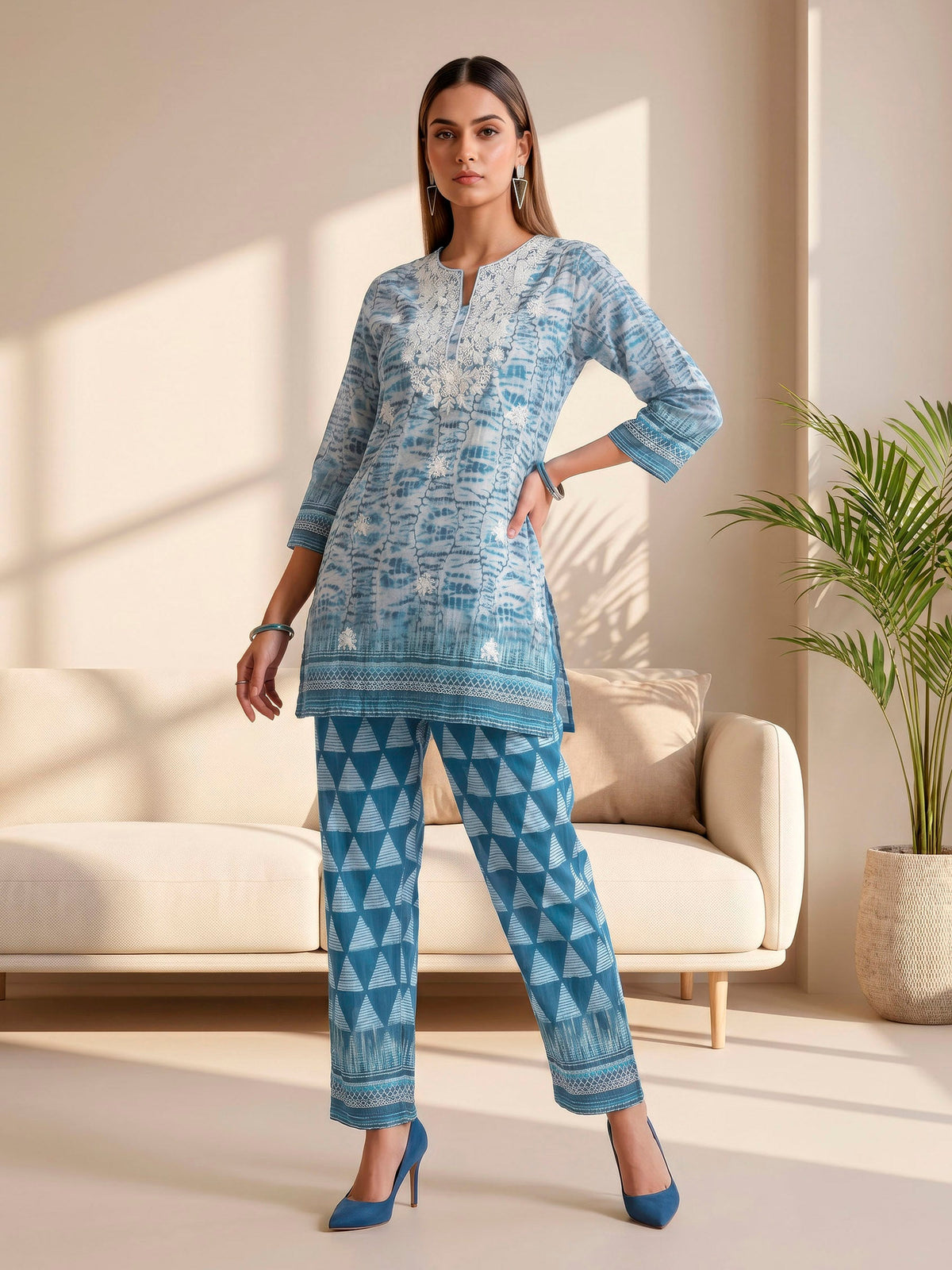 Linen  Round Neck Printed Kurta Set