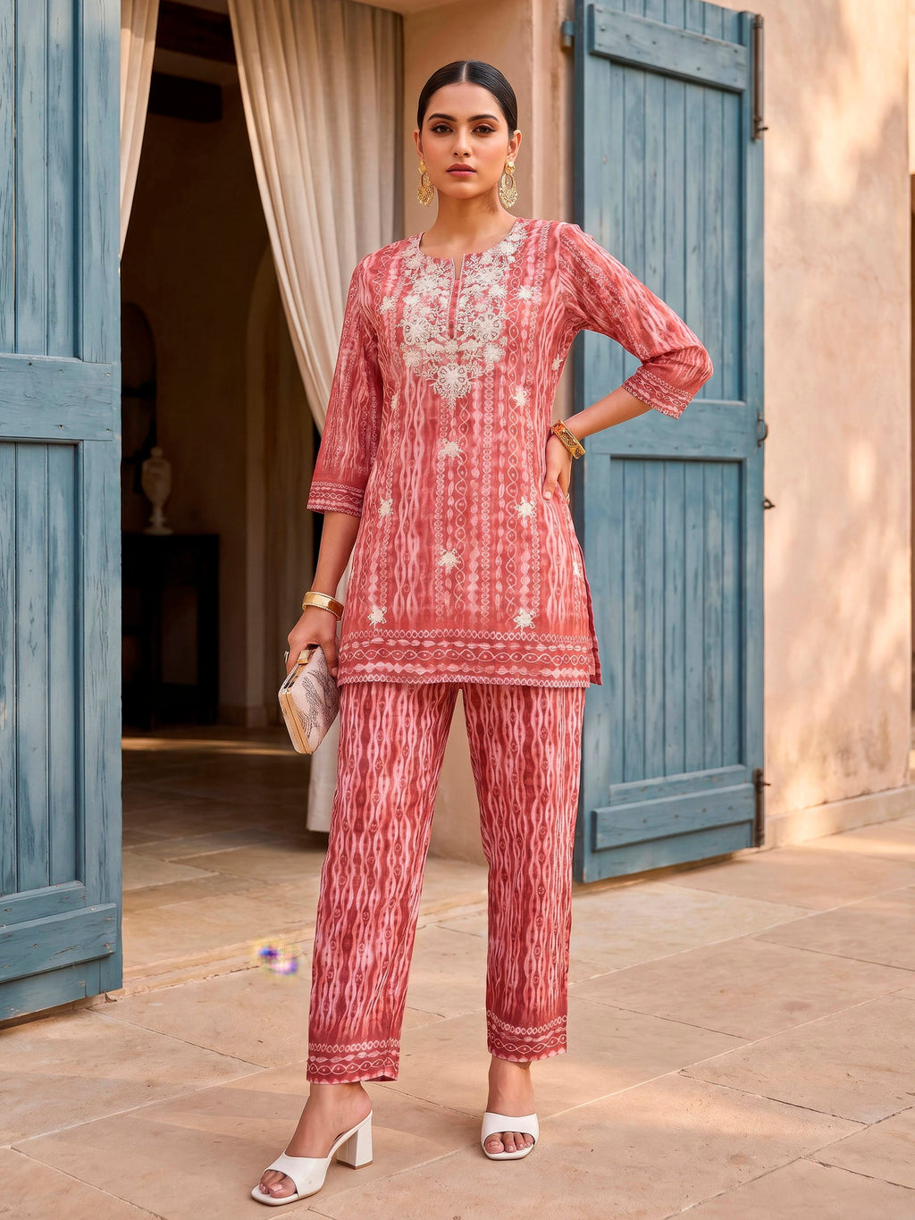 Linen  Round Neck Printed Kurta Set