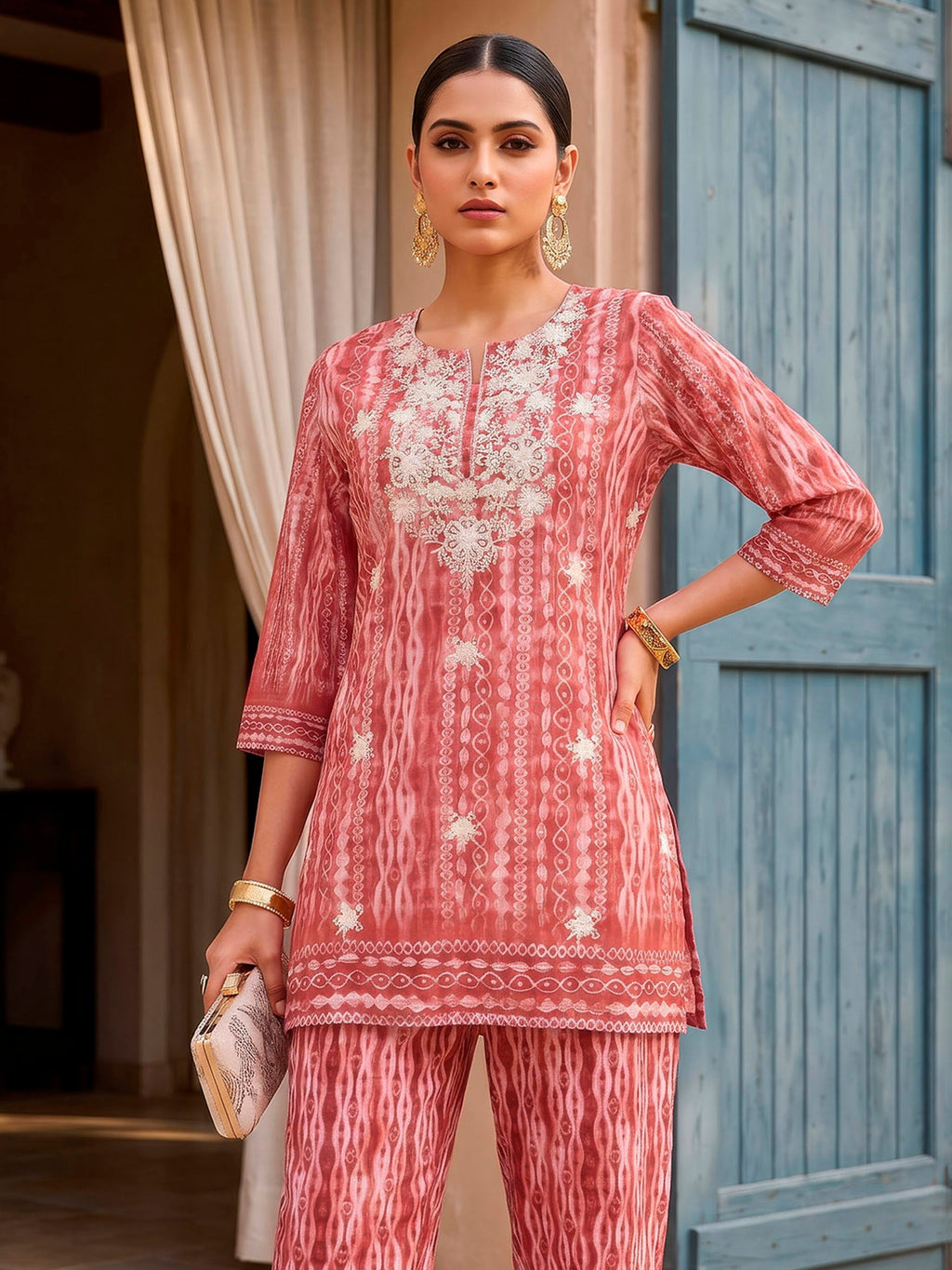 Linen  Round Neck Printed Kurta Set