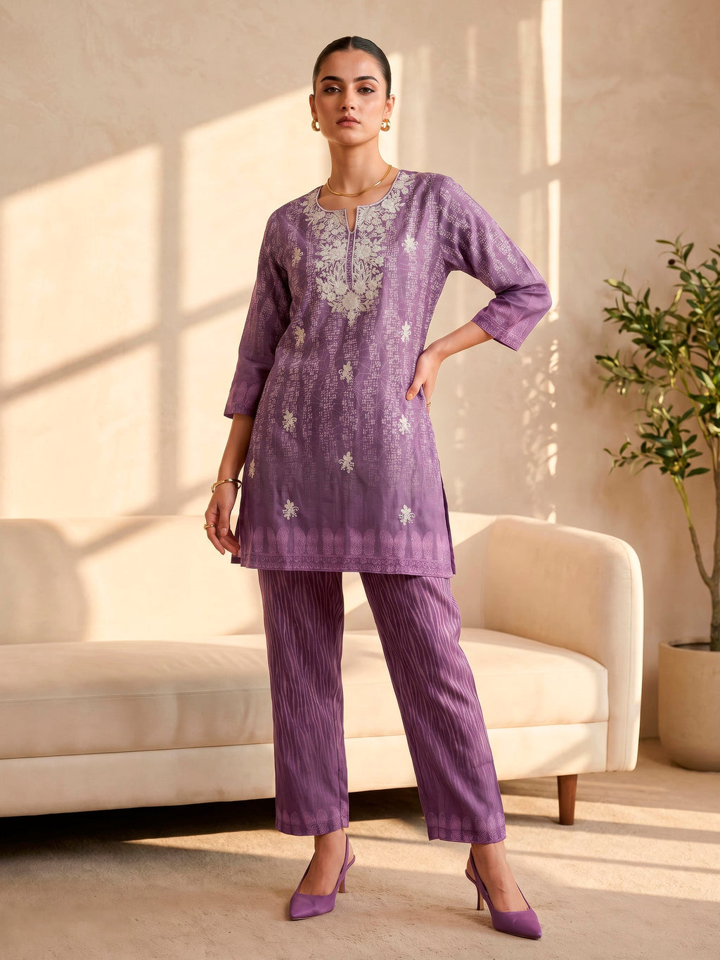 Linen  Round Neck Printed Kurta Set