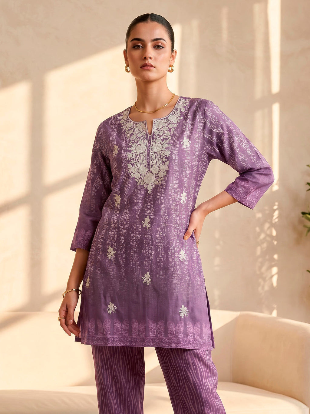 Linen  Round Neck Printed Kurta Set