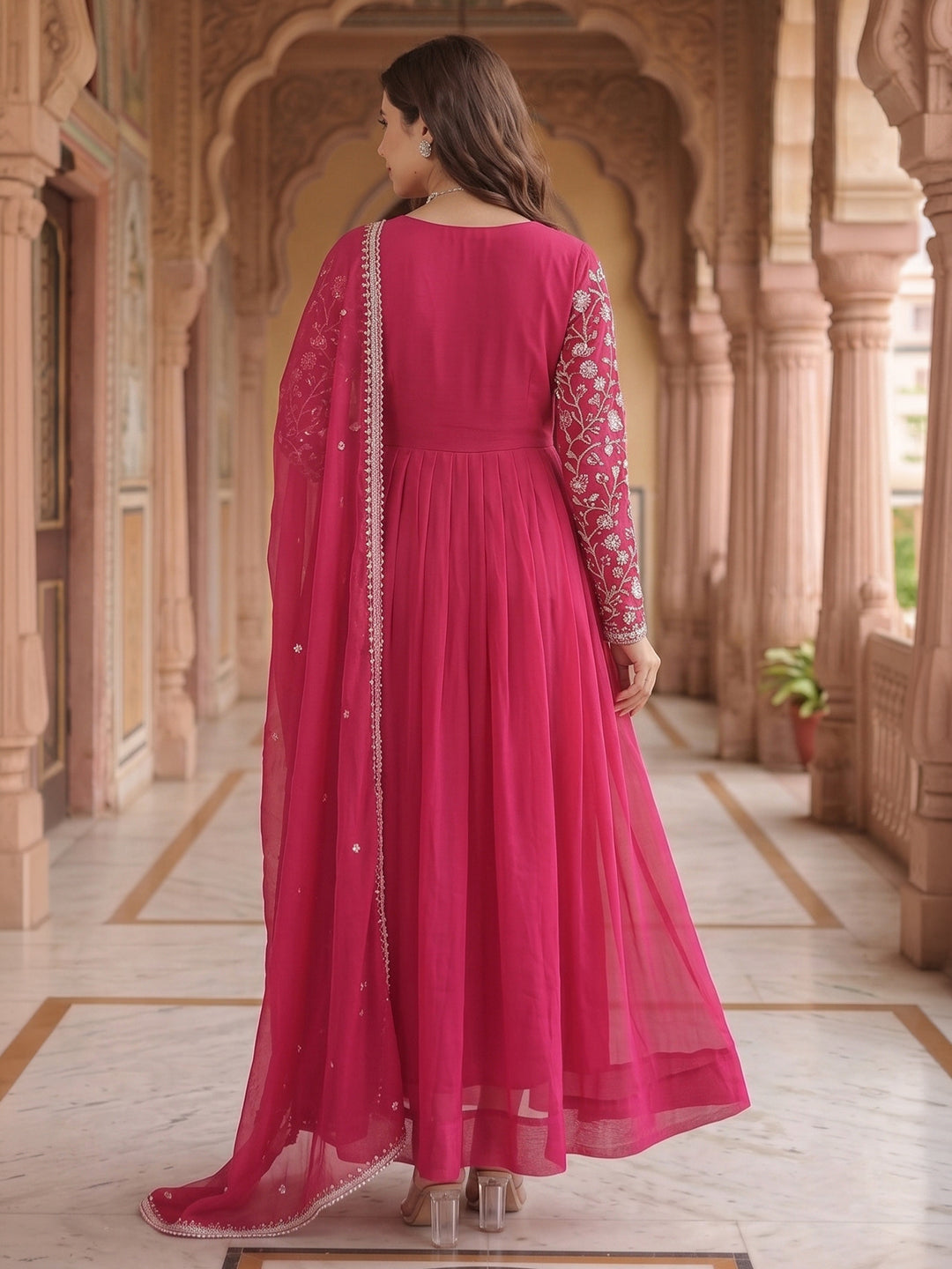 Pink Embroidered Georgette Gown With Dupatta