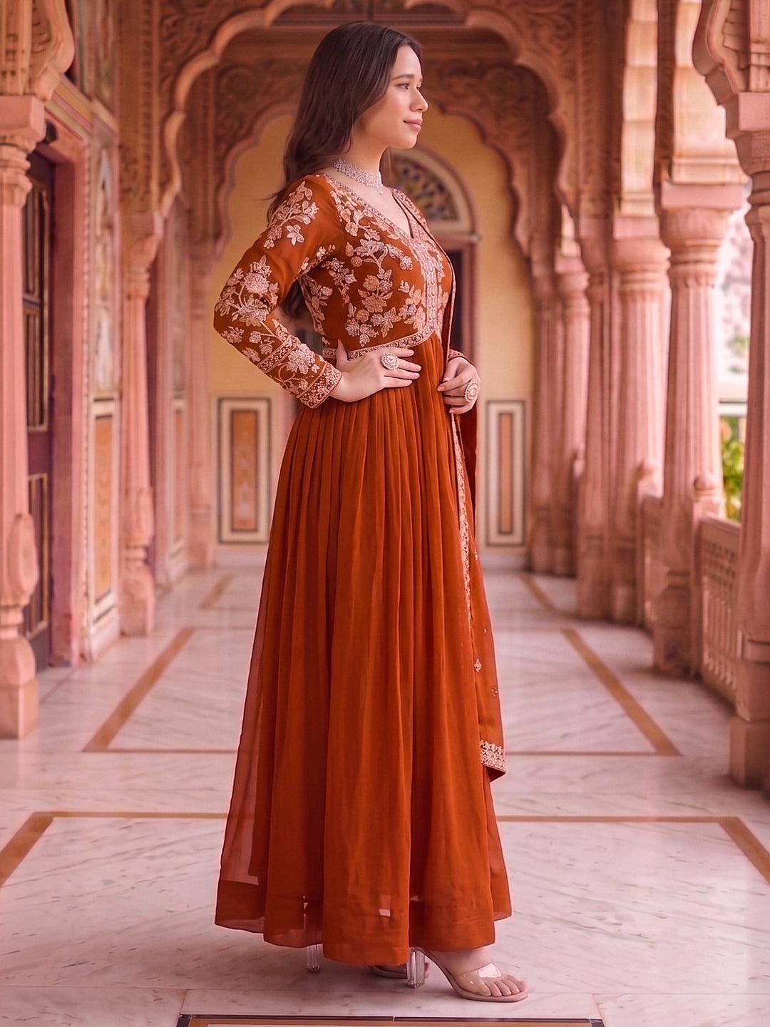 Rust Embroidered Georgette Gown With Dupatta