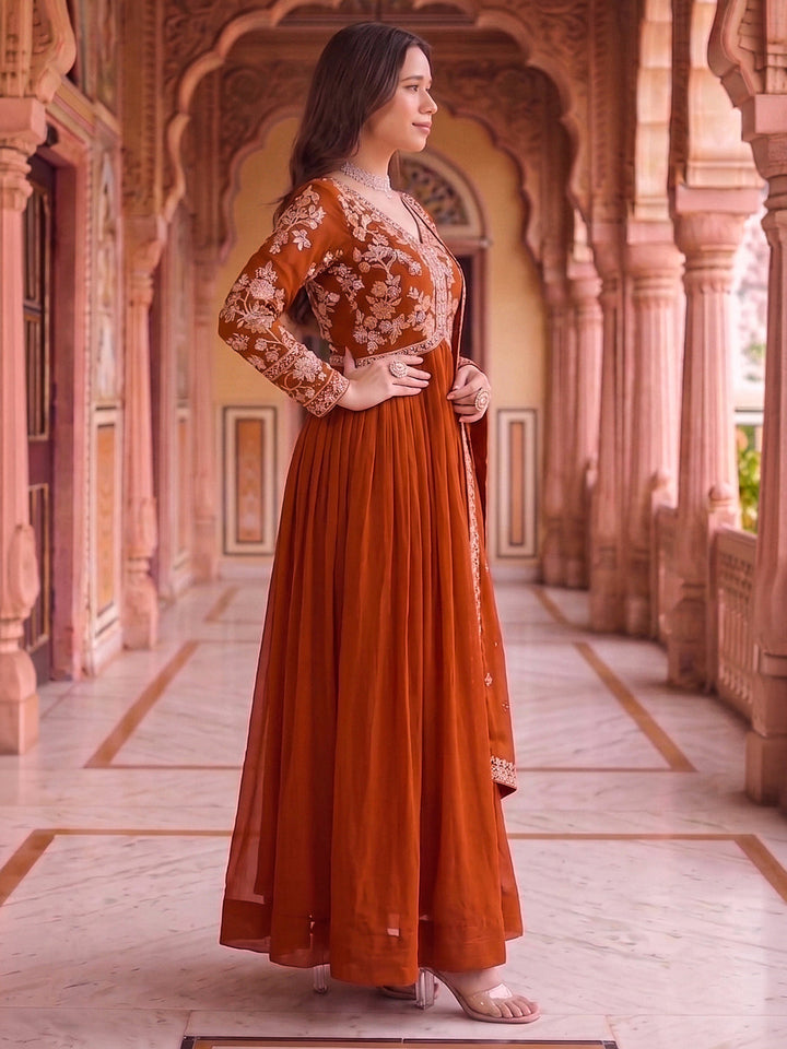 Rust Embroidered Georgette Gown With Dupatta
