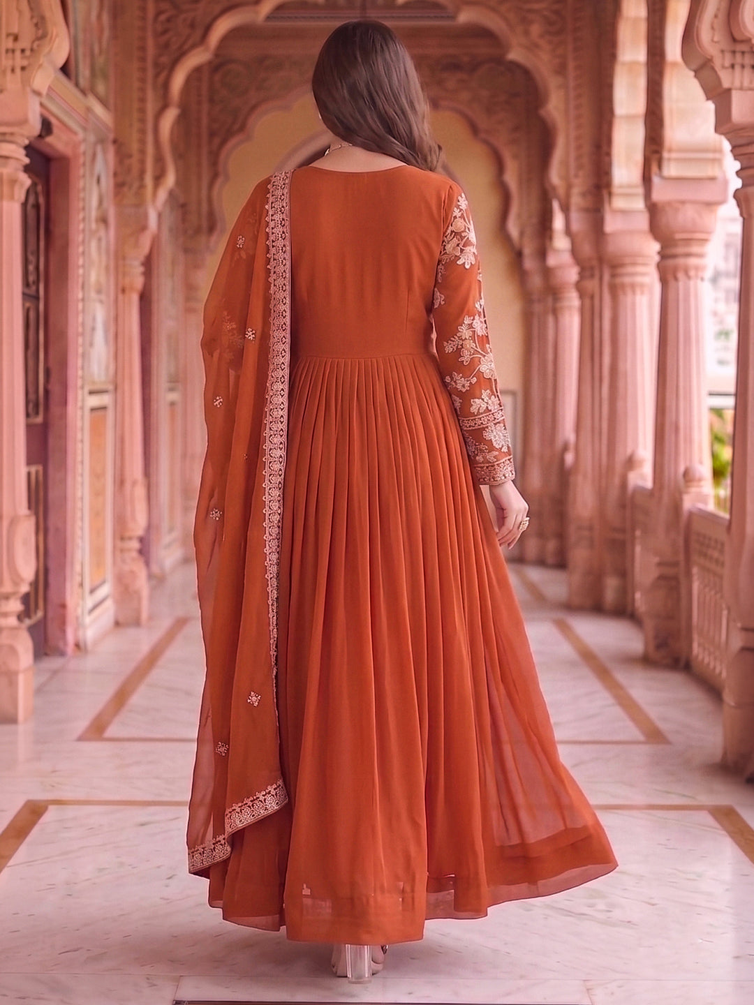 Rust Embroidered Georgette Gown With Dupatta