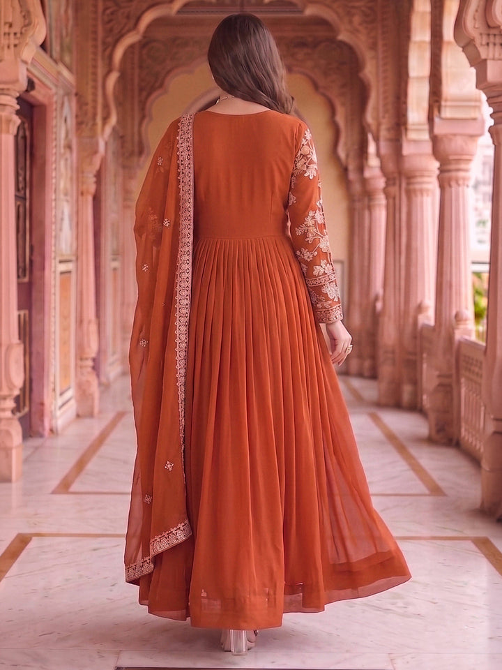 Rust Embroidered Georgette Gown With Dupatta