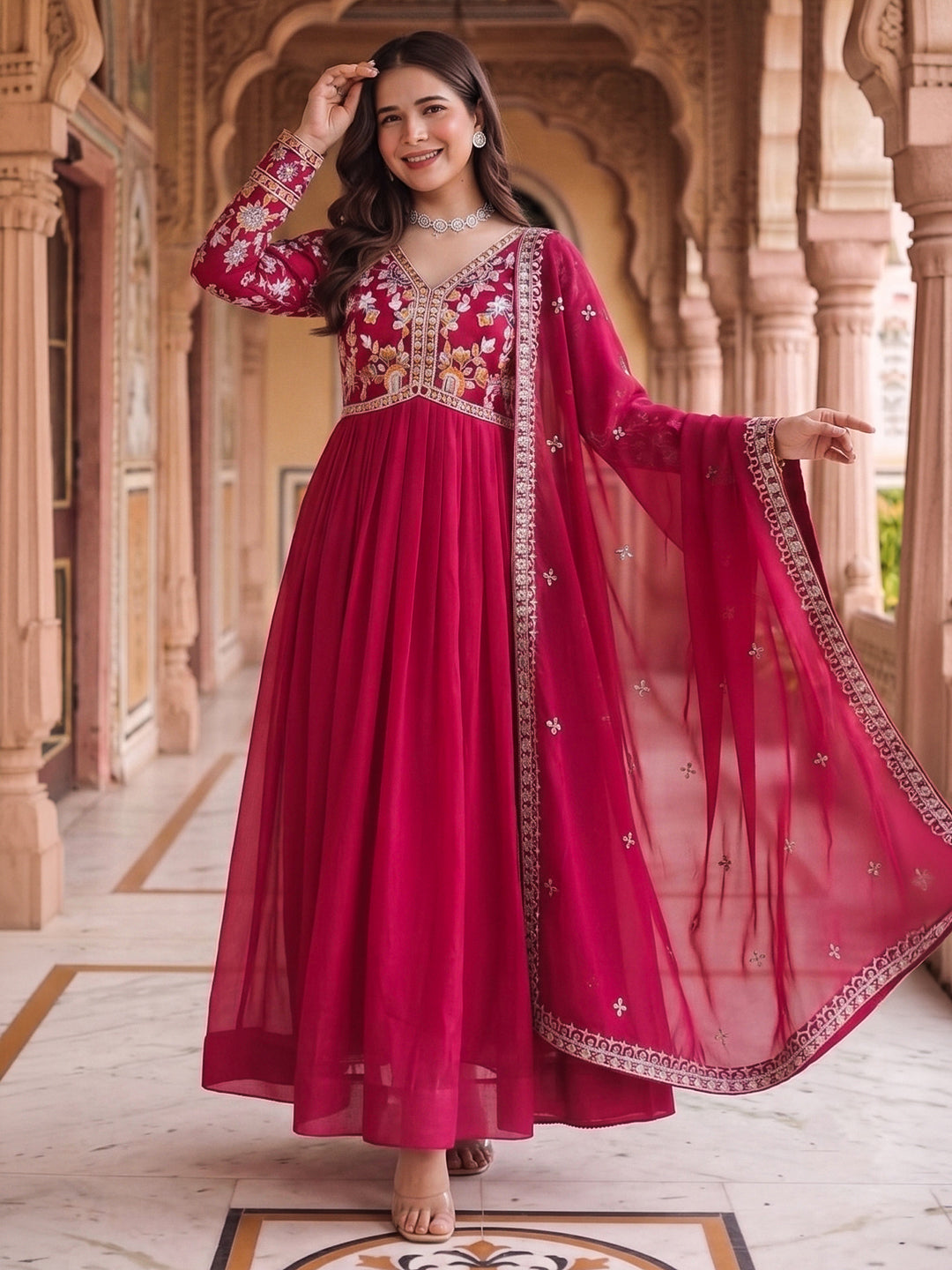 Pink Embroidered Georgette Gown With Dupatta