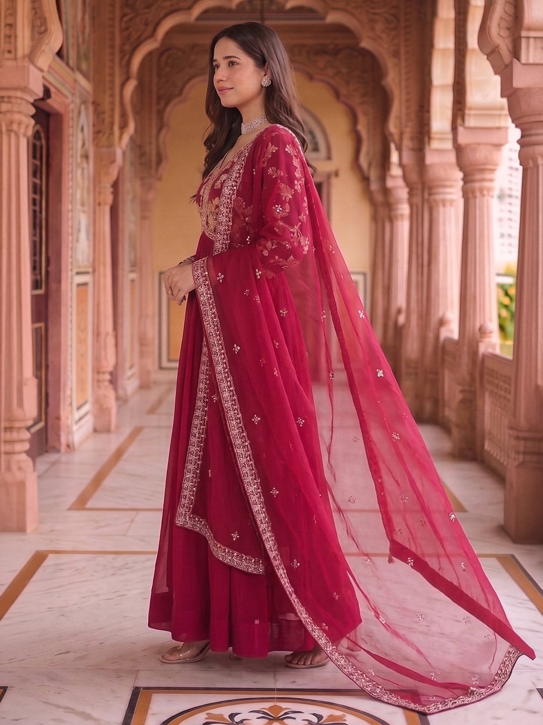 Pink Embroidered Georgette Gown With Dupatta
