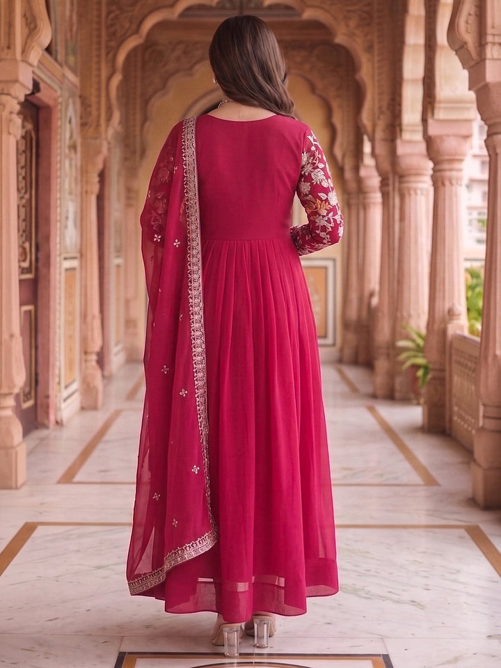 Pink Embroidered Georgette Gown With Dupatta