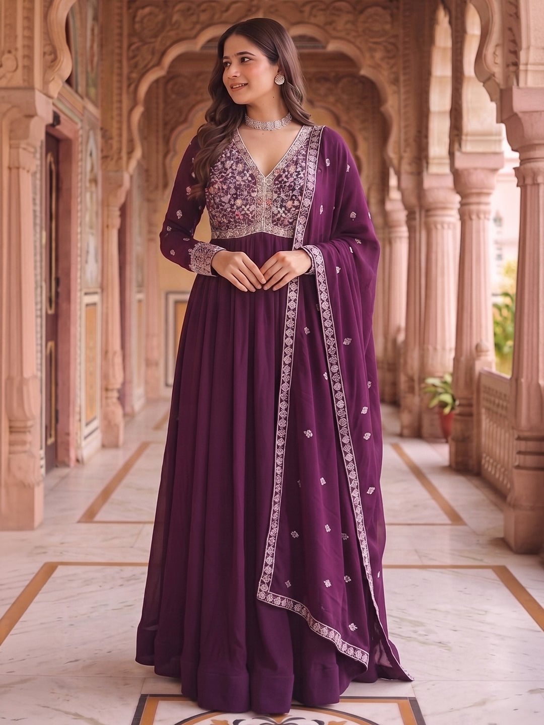 Wine Embroidered Georgette Gown With Dupatta