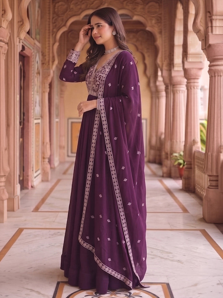 Wine Embroidered Georgette Gown With Dupatta