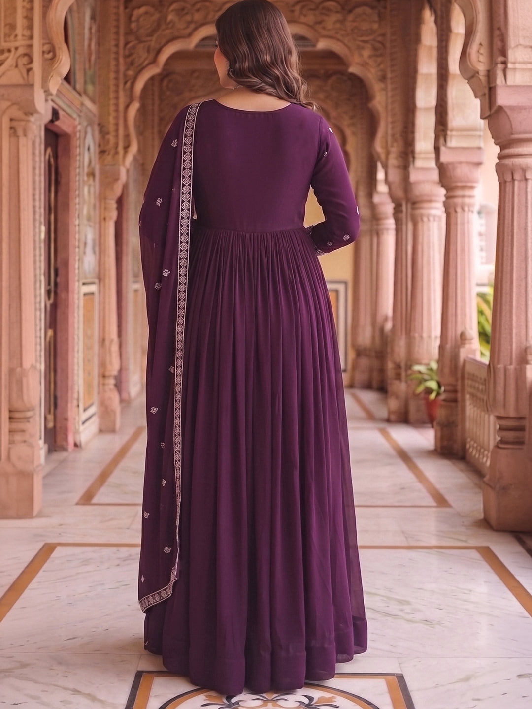 Wine Embroidered Georgette Gown With Dupatta