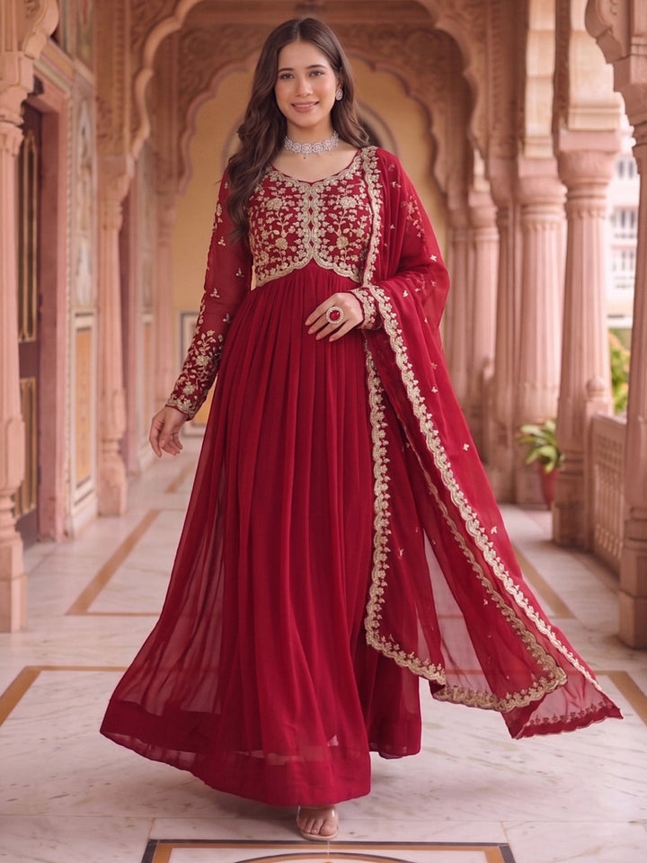 Maroon Embroidered Georgette Gown With Dupatta