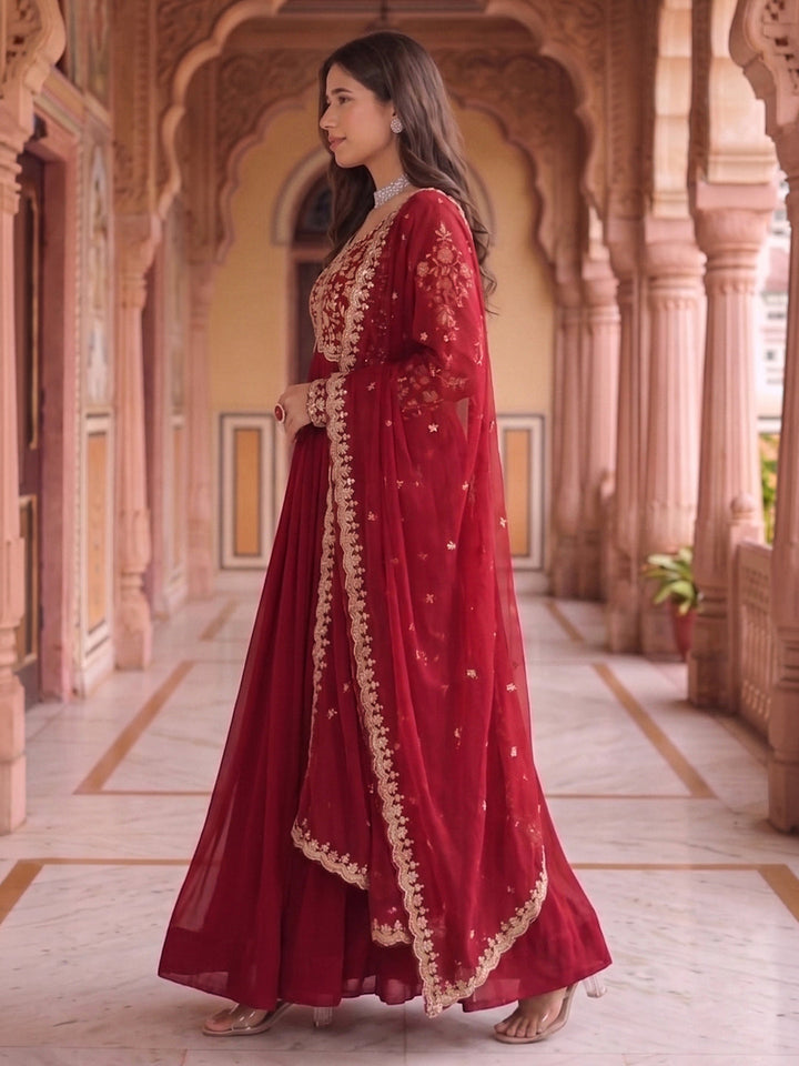Maroon Embroidered Georgette Gown With Dupatta