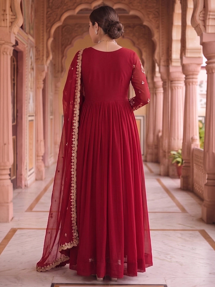 Maroon Embroidered Georgette Gown With Dupatta
