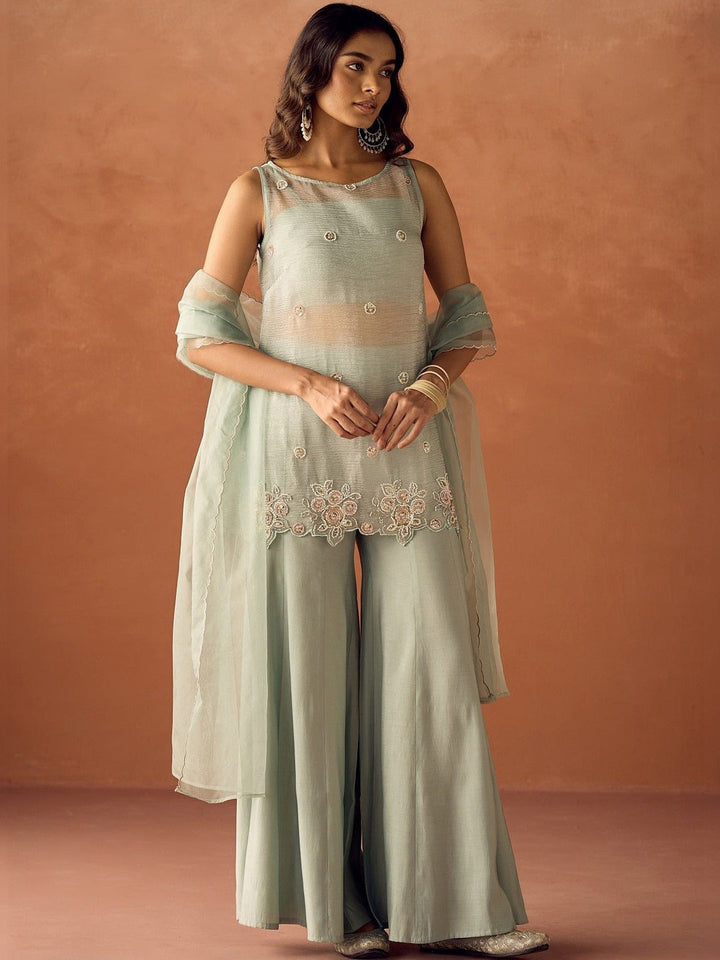 Mint Embroidered Crush Kurta With Pant &amp; Dupatta