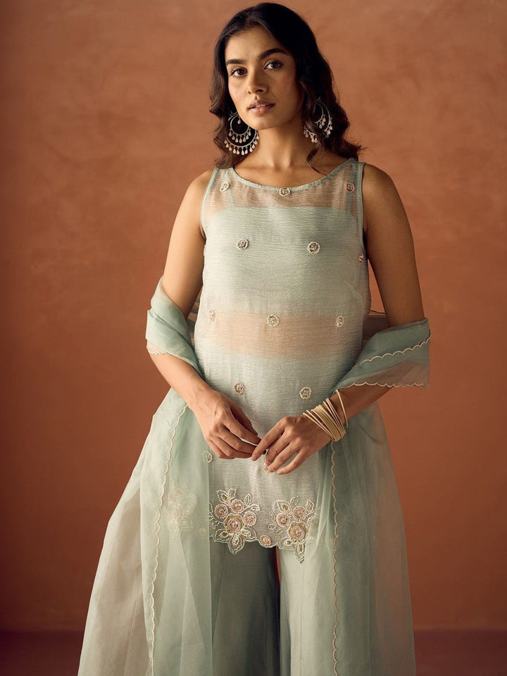 Mint Embroidered Crush Kurta With Pant &amp; Dupatta