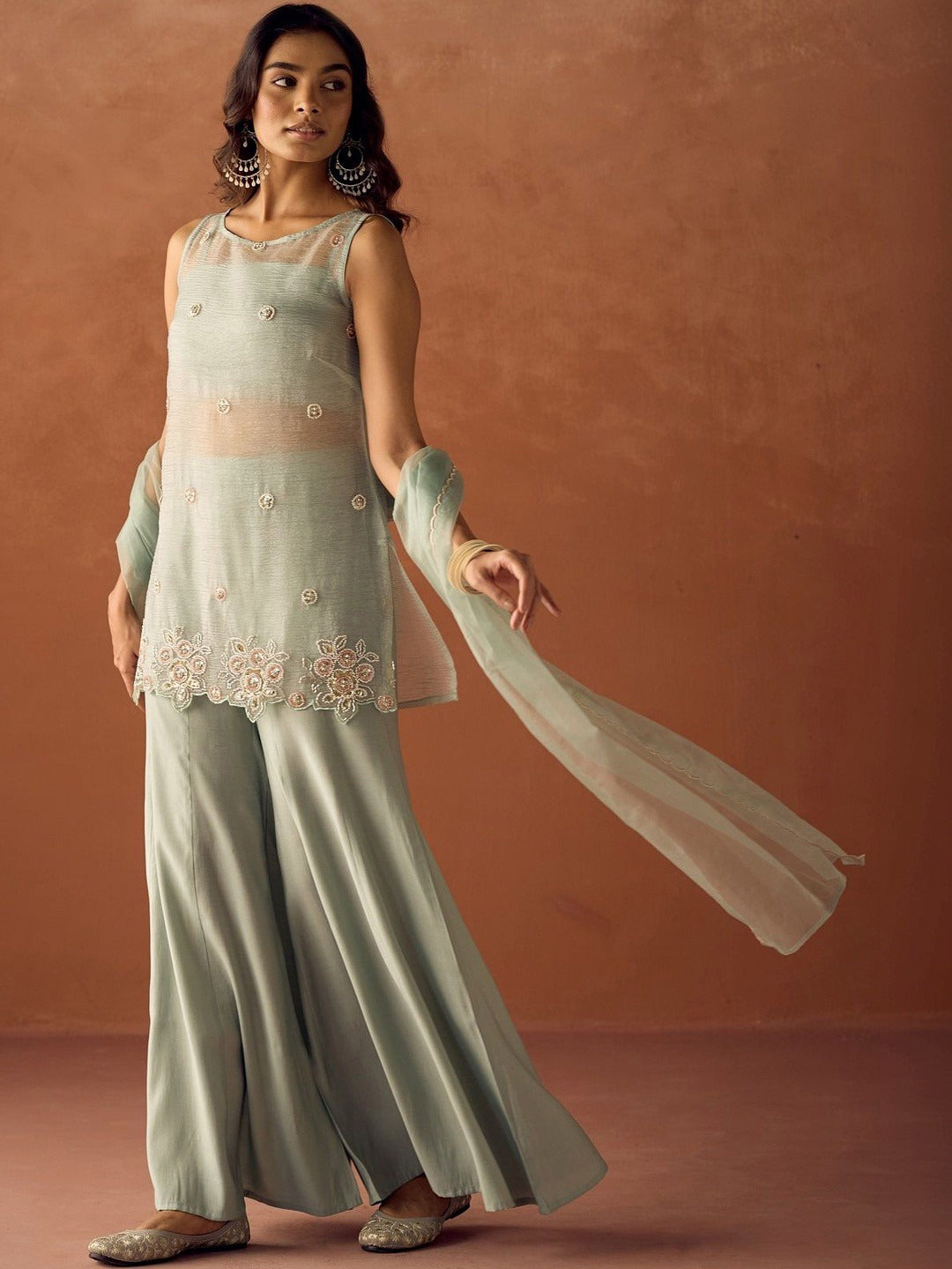 Mint Embroidered Crush Kurta With Pant &amp; Dupatta