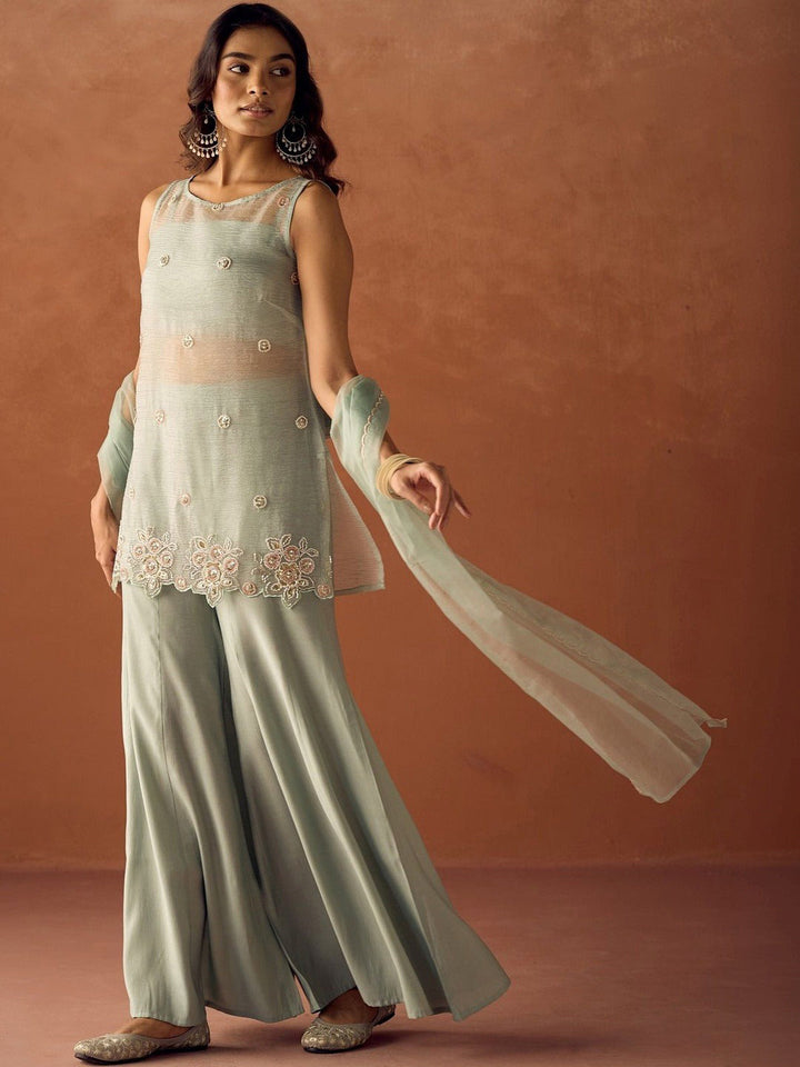 Mint Embroidered Crush Kurta With Pant &amp; Dupatta