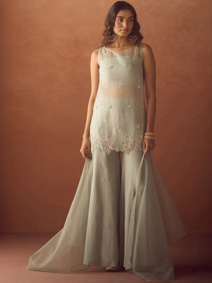 Mint Embroidered Crush Kurta With Pant &amp; Dupatta