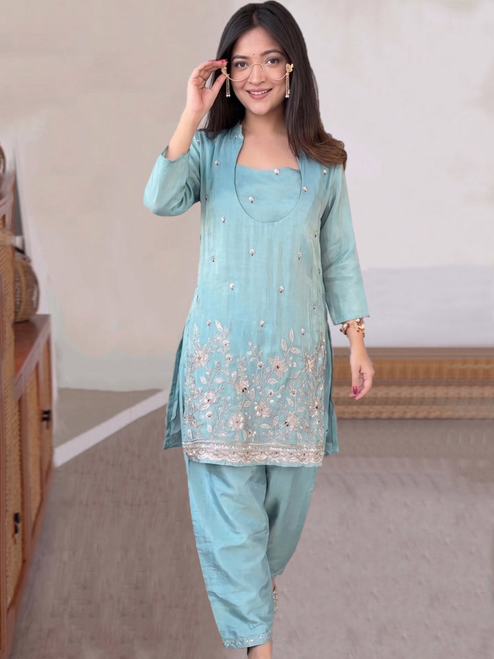 Sky-Blue Embroidered Art Silk Gown With Dupatta