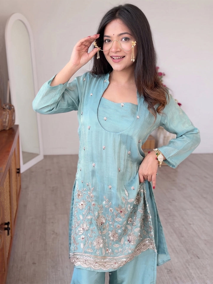 Sky-Blue Embroidered Art Silk Gown With Dupatta