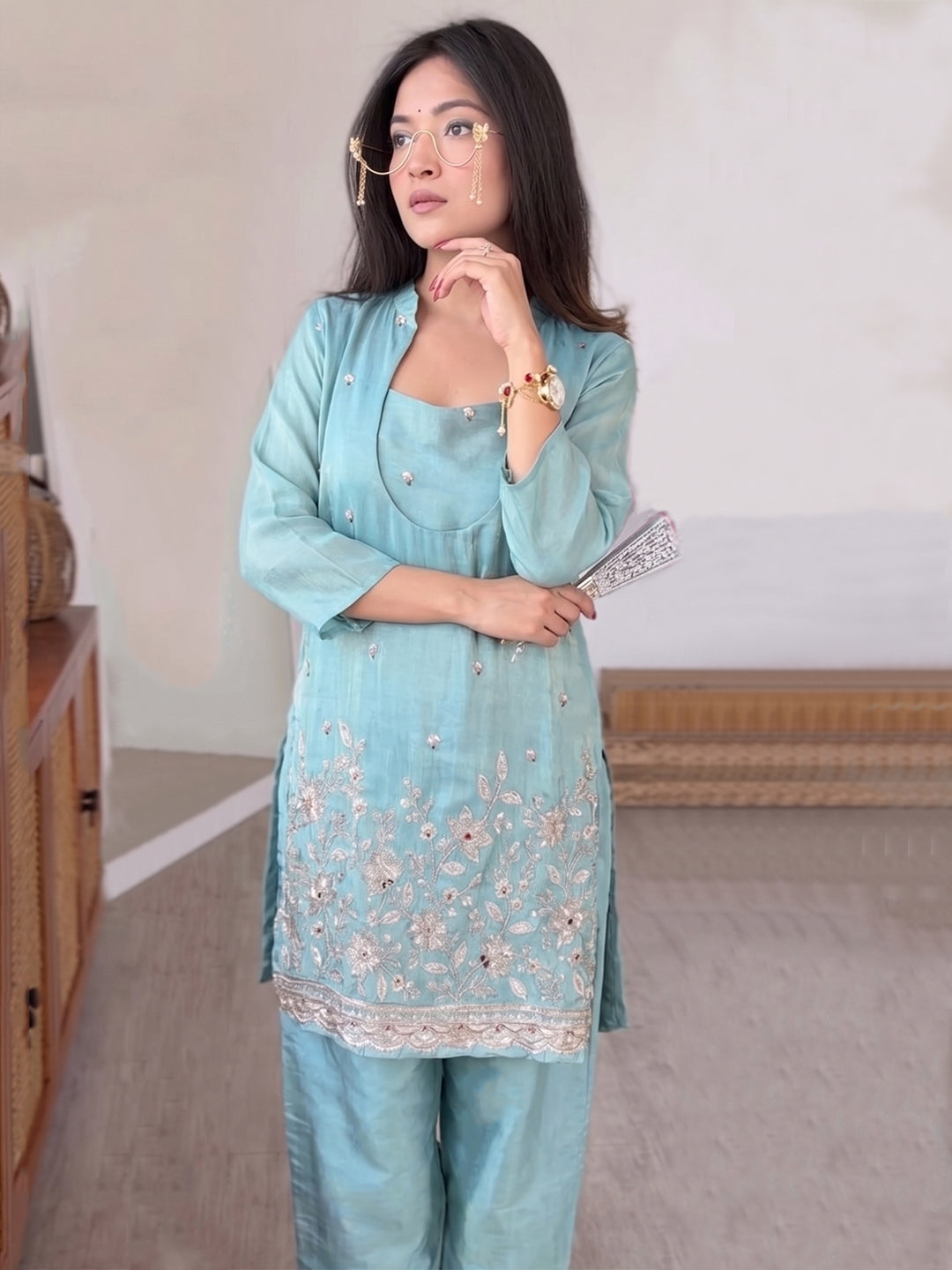 Sky-Blue Embroidered Art Silk Gown With Dupatta