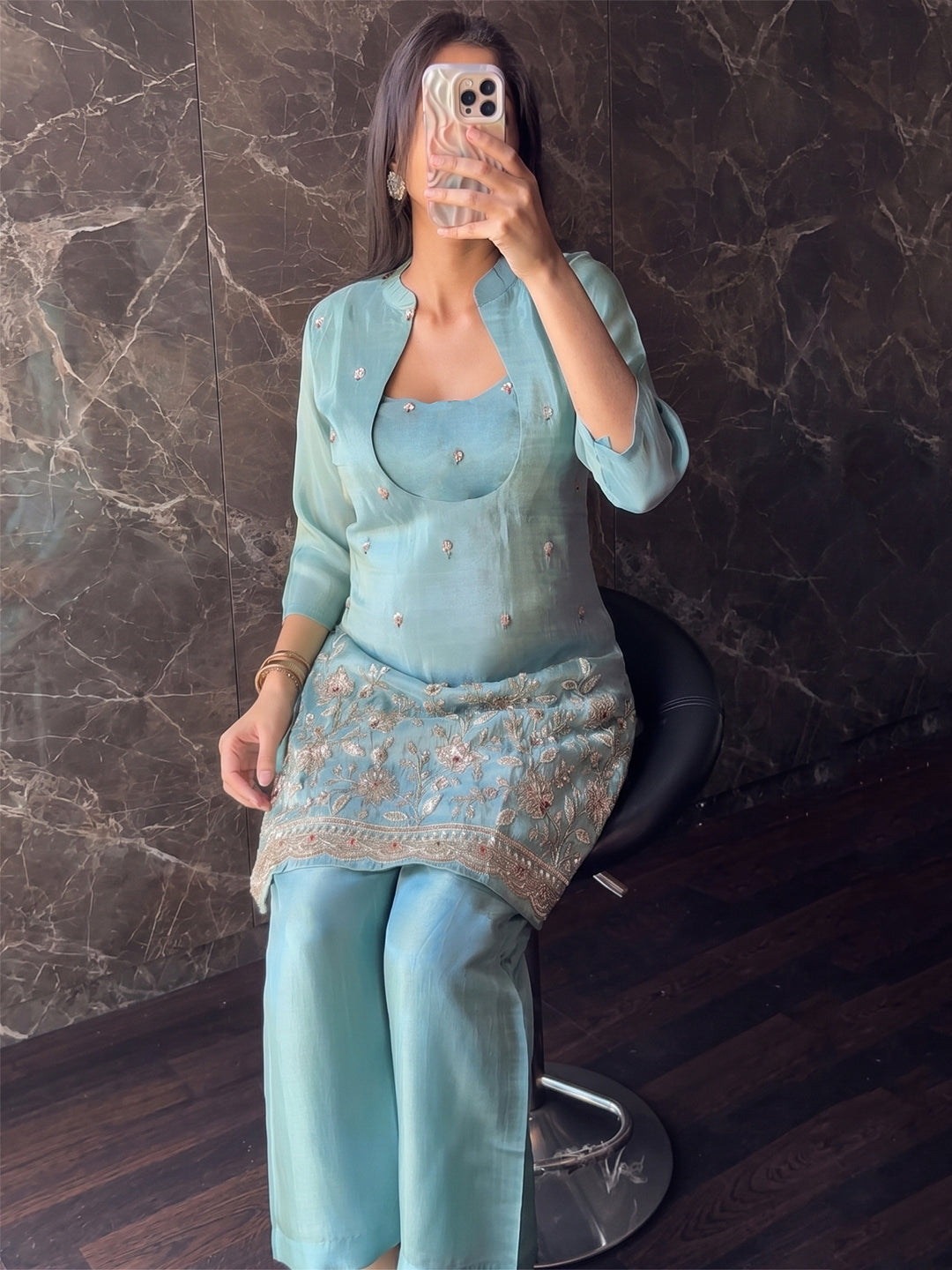 Sky-Blue Embroidered Art Silk Gown With Dupatta