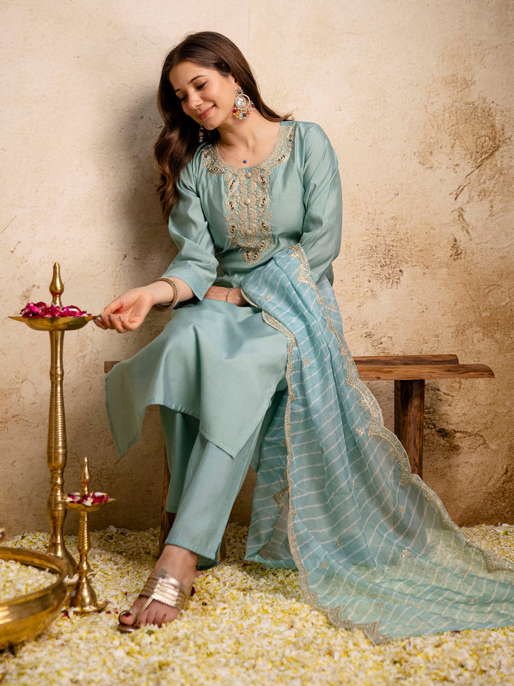 Mint-Green Embroidered Art Silk Kurta With Pant &amp; Dupatta