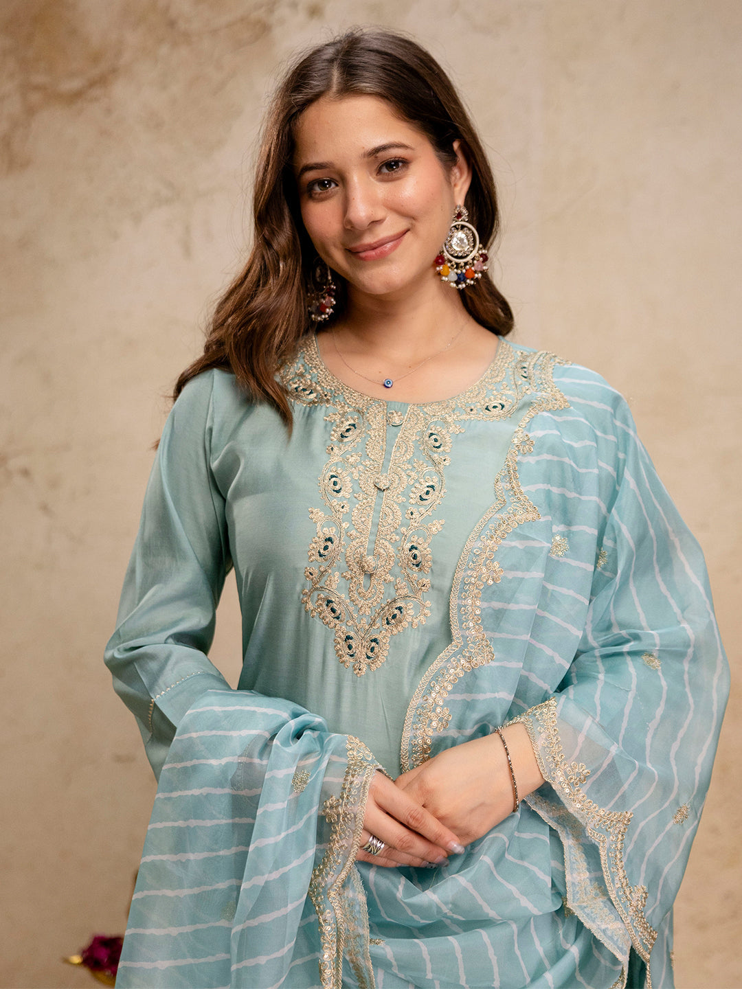 Mint-Green Embroidered Art Silk Kurta With Pant &amp; Dupatta