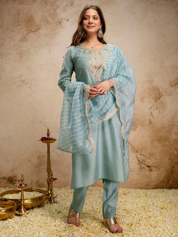 Mint-Green Embroidered Art Silk Kurta With Pant &amp; Dupatta
