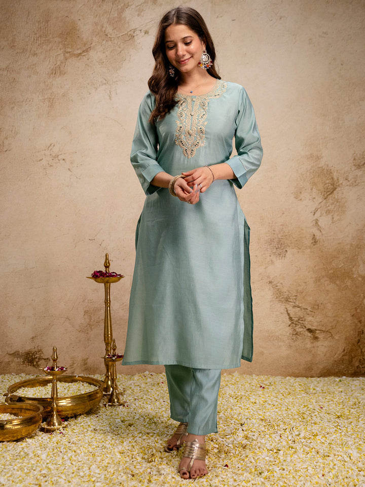 Mint-Green Embroidered Art Silk Kurta With Pant &amp; Dupatta