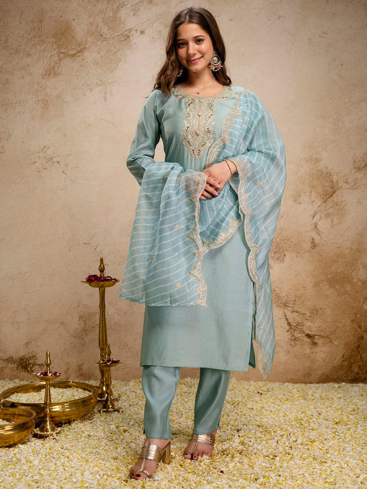 Mint-Green Embroidered Art Silk Kurta With Pant &amp; Dupatta