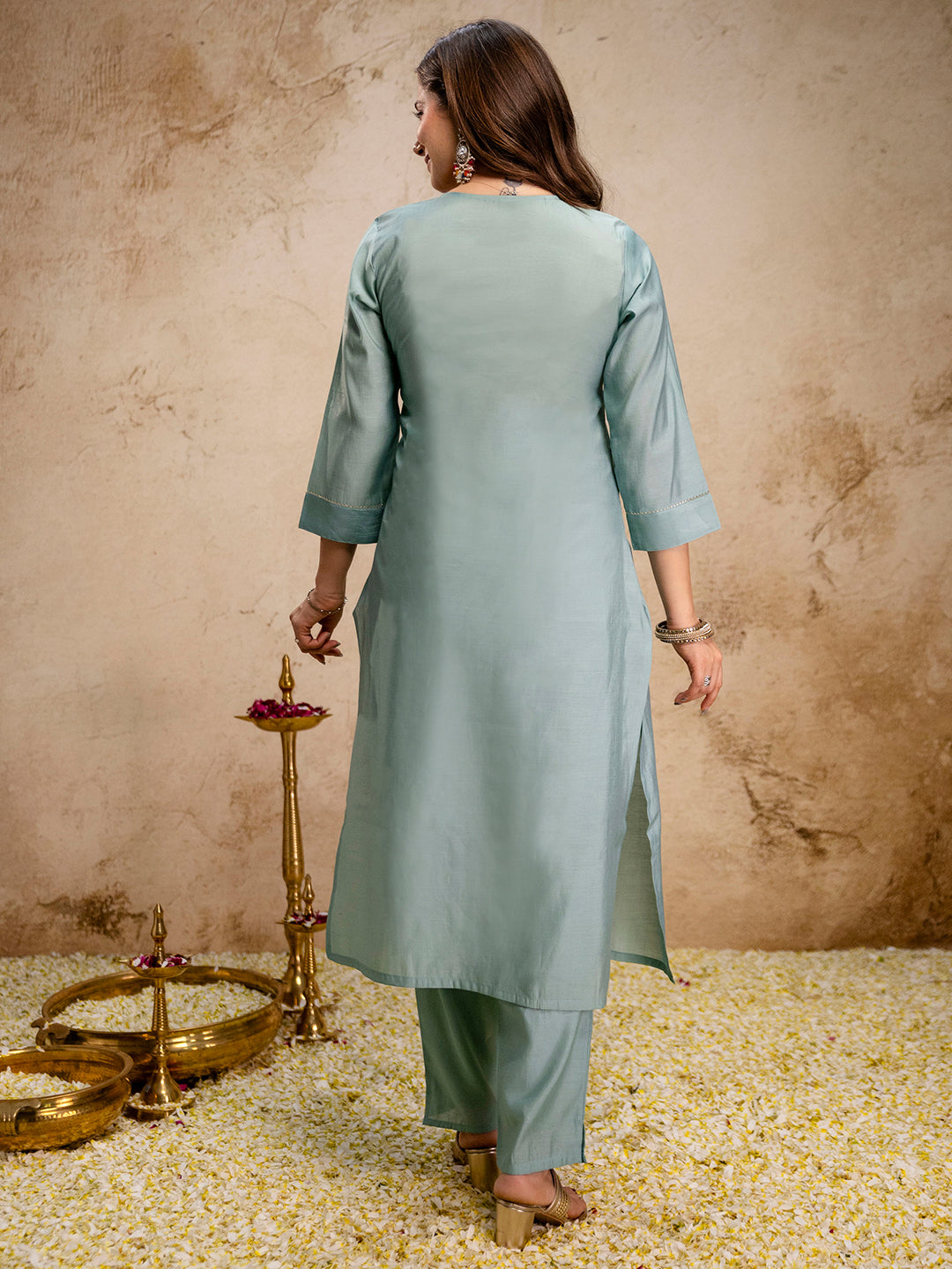 Mint-Green Embroidered Art Silk Kurta With Pant &amp; Dupatta