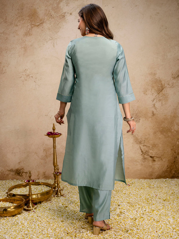 Mint-Green Embroidered Art Silk Kurta With Pant &amp; Dupatta
