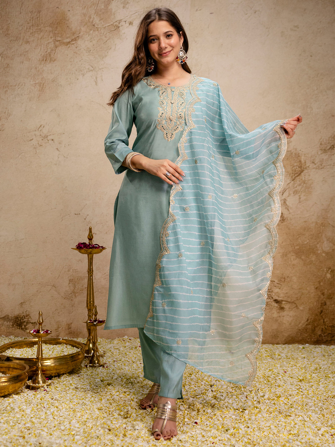 Mint-Green Embroidered Art Silk Kurta With Pant &amp; Dupatta