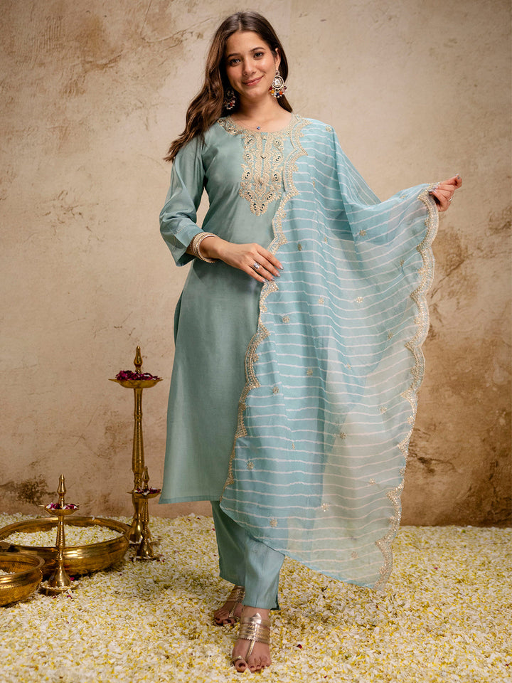 Mint-Green Embroidered Art Silk Kurta With Pant &amp; Dupatta