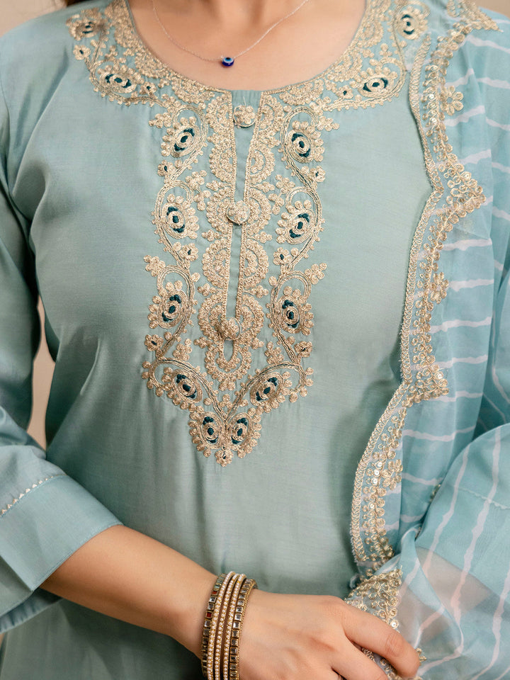 Mint-Green Embroidered Art Silk Kurta With Pant &amp; Dupatta