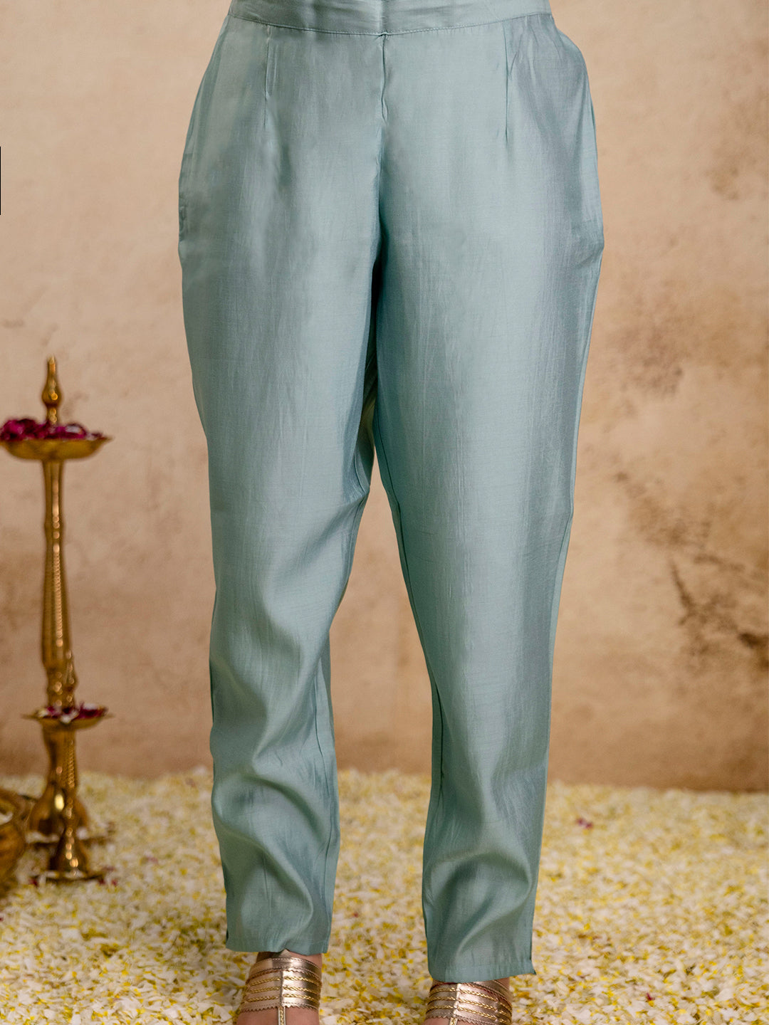 Mint-Green Embroidered Art Silk Kurta With Pant &amp; Dupatta