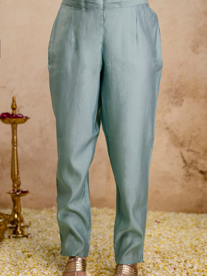 Mint-Green Embroidered Art Silk Kurta With Pant &amp; Dupatta